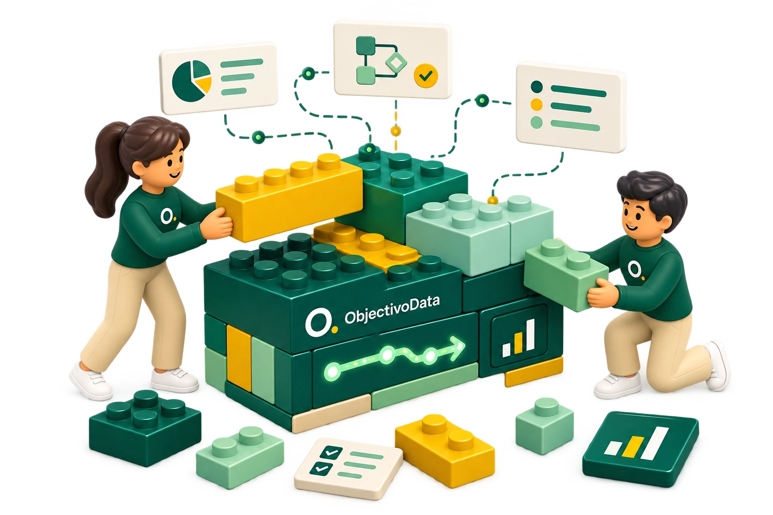Two people assembling ObjectivoData building blocks into a study, with charts and workflows above